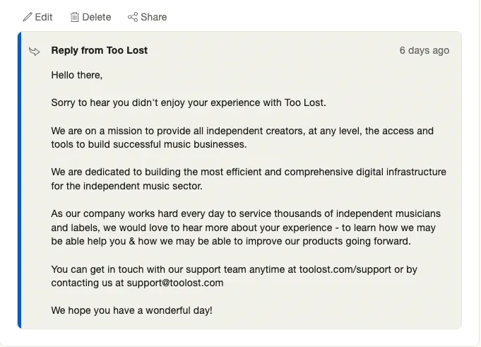 Screenshot of Too Lost's copy and paste response to many reviews.