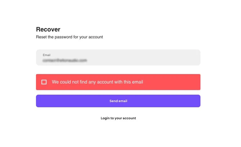 Screenshot of the Too Lost recovery page showing that our account was not found/recoverable.